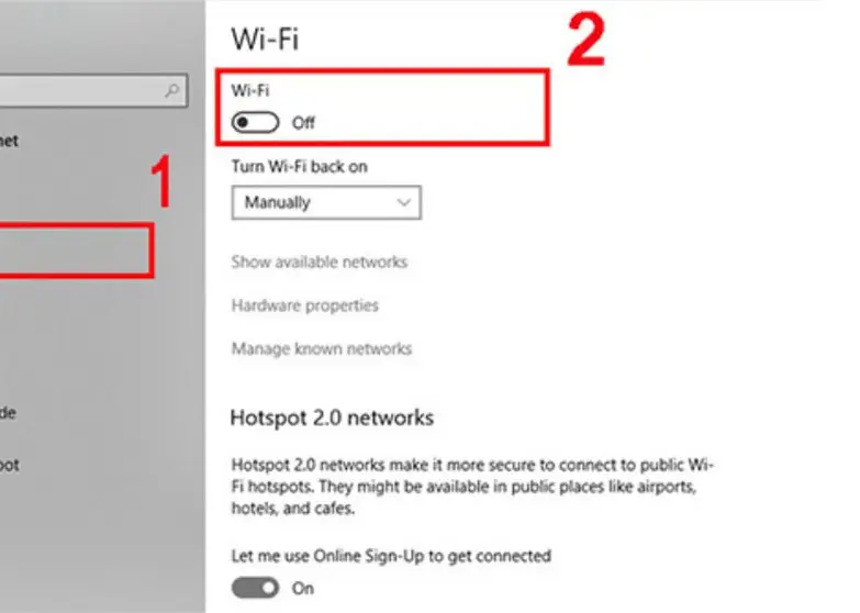 Bật công tắc Wi‑Fi sang On trong Settings để kết nối internet trên Dell