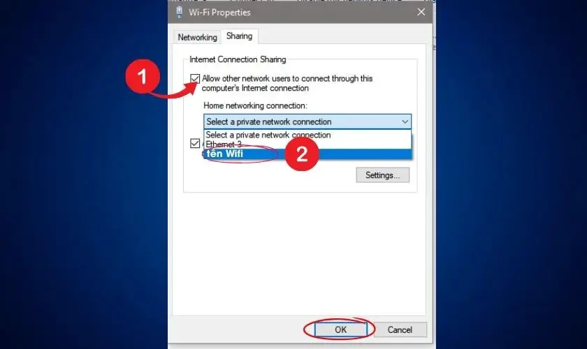 Bật Internet Connection Sharing trong tab Sharing để cho phép thiết bị khác dùng mạng từ laptop Windows 10
