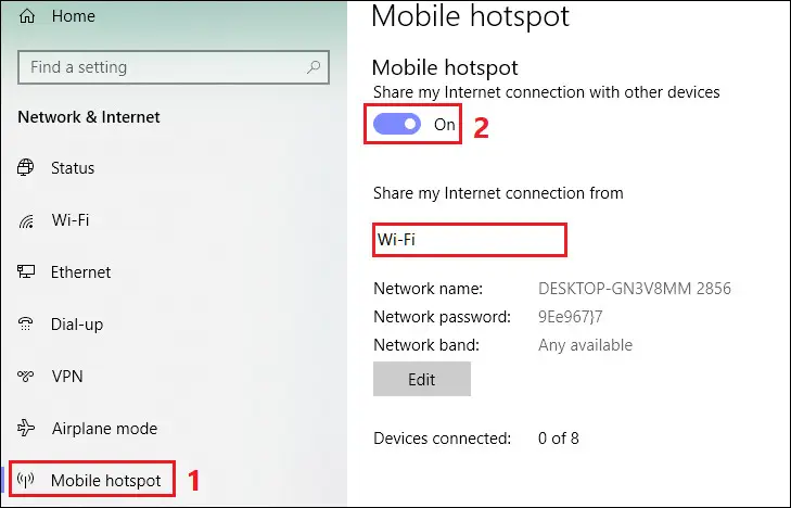 Bật Mobile hotspot trong Windows 10 và chọn chia sẻ qua Wi‑Fi