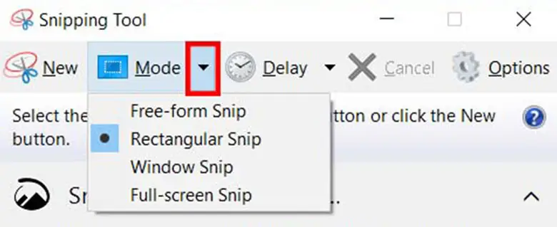 Các chế độ chụp của Snipping Tool (Rectangular, Free-form, Window, Full-screen) trên Windows 10/11