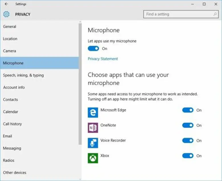 Cấp quyền truy cập micro cho ứng dụng trong Windows 10 tại mục Privacy Microphone