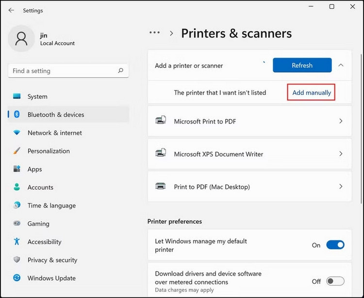 Chọn Add manually khi Windows không tự nhận máy in Canon