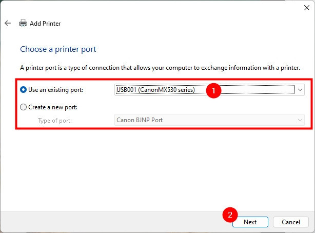 Chọn cổng USB phù hợp để kết nối máy in Canon trong Windows
