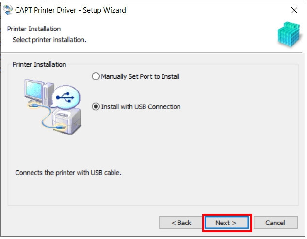 Chọn Install with USB Connection trong bộ cài driver Canon để thiết lập nhanh qua USB