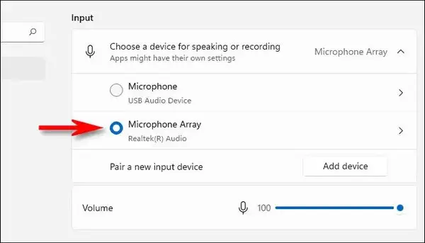 Chọn Microphone trong mục Input trên Windows 11, đặt thiết bị mặc định và nhấn Start test để kiểm tra micro