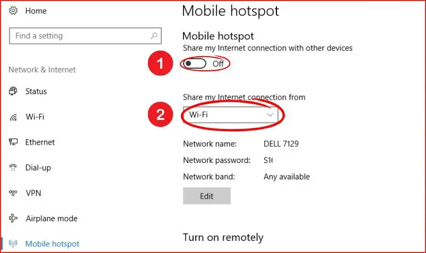 Chọn nguồn Internet chia sẻ (Ethernet hoặc Wi‑Fi) trước khi bật Mobile hotspot trên Win 10