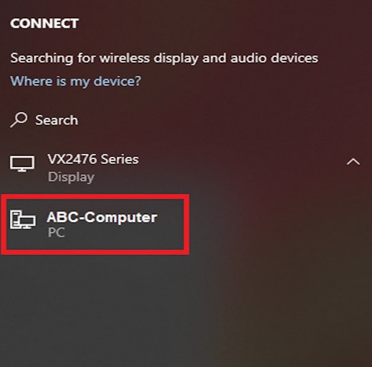 Danh sách thiết bị khả dụng trong Connect, chọn laptop để dùng như màn hình thứ hai