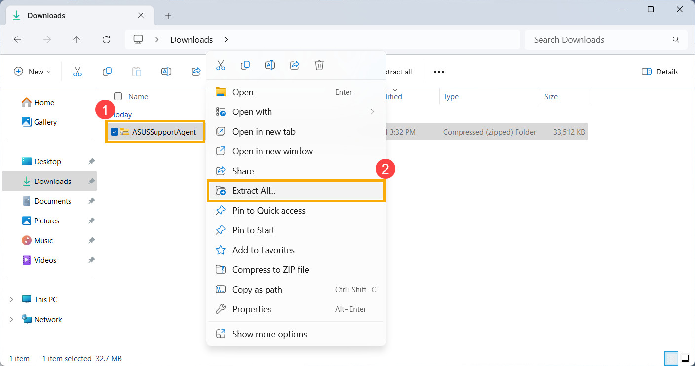 Giải nén bộ cài ASUS Support Agent trước khi cài đặt để kích hoạt tính năng One-Click Update driver trên trang ASUS