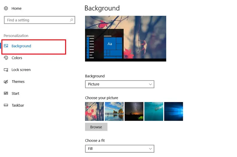 Giao diện Background với mục Choose your picture để chọn hình nền mặc định trên Windows 10