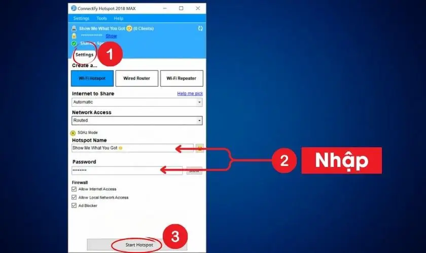Giao diện Connectify Hotspot trên Windows 10 tạo điểm phát Wi‑Fi chuyên nghiệp