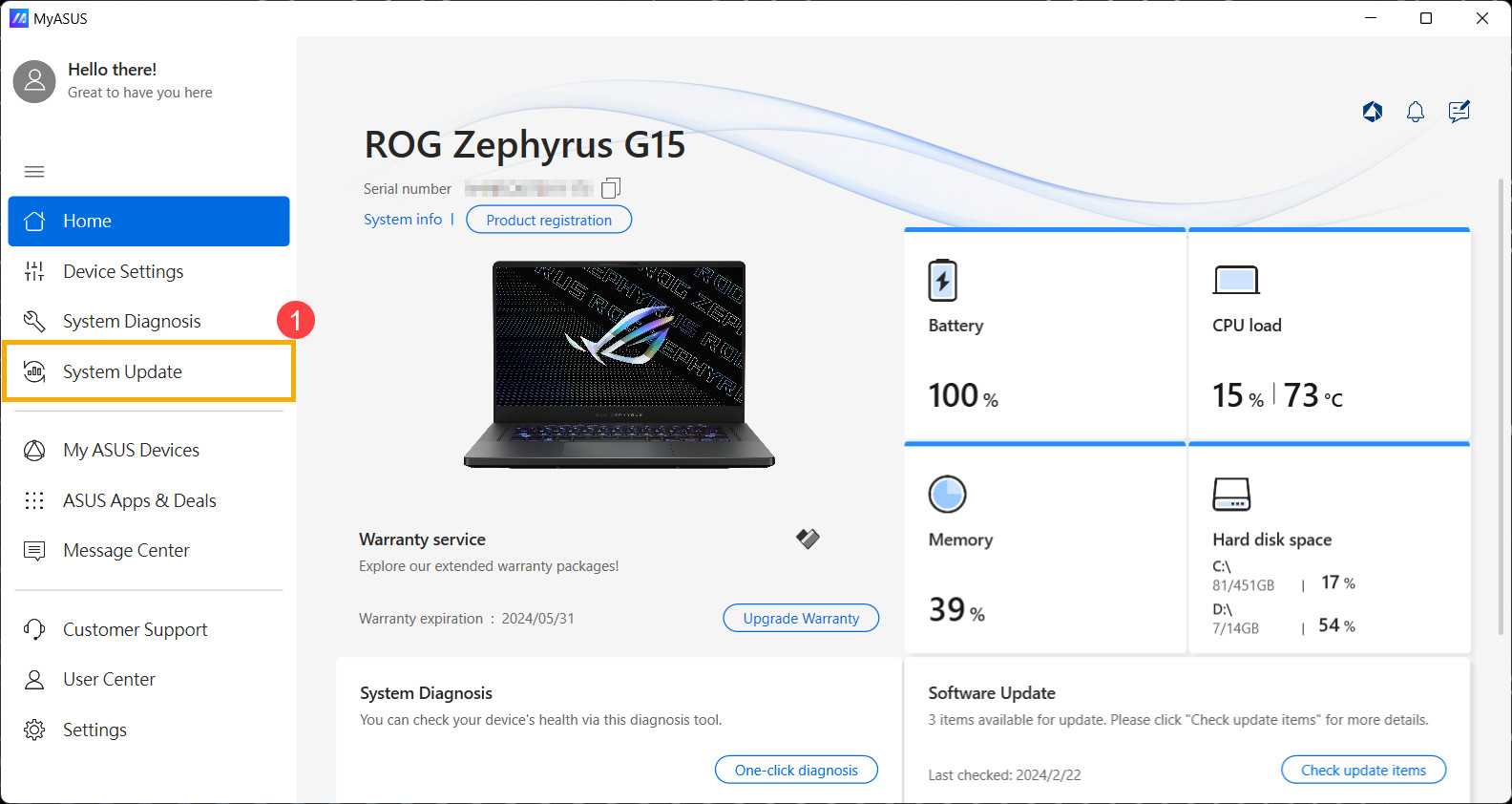 Giao diện MyASUS với tab Cập nhật hệ thống kiểm tra driver, tiện ích và BIOS mới cho laptop ASUS