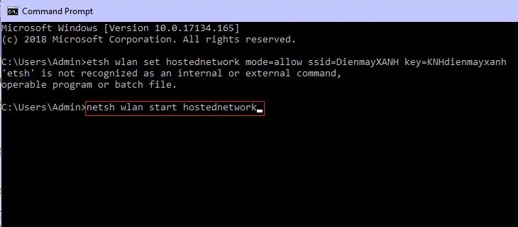 Khởi động điểm phát Wi‑Fi trên Windows bằng lệnh netsh wlan start hostednetwork