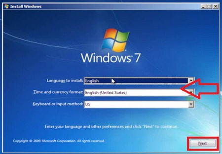 Màn hình chọn ngôn ngữ và bàn phím khi cài Windows 7 từ USB