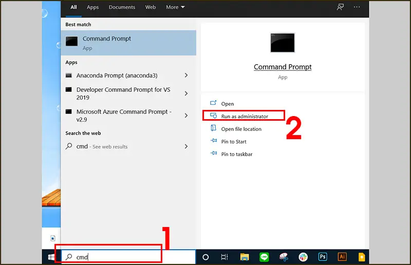 Mở Command Prompt với quyền admin để đổi mật khẩu tài khoản Windows 10