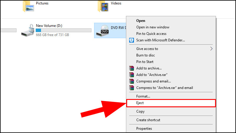 Mở ổ đĩa CD/DVD trong Windows 10/11 bằng File Explorer > Eject – hướng dẫn cách mở ổ đĩa laptop