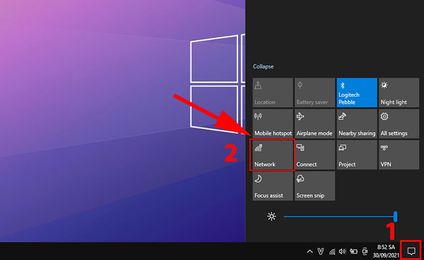 Mở Quick Settings/Action Center trên Windows 11 để bật nút Wi‑Fi từ Taskbar