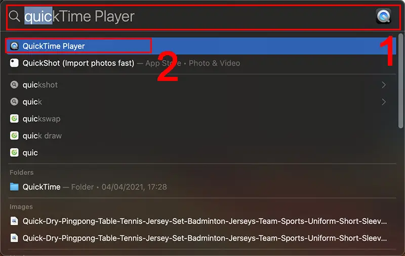 Mở QuickTime Player từ Spotlight trên macOS để chiếu màn hình iPhone qua cáp