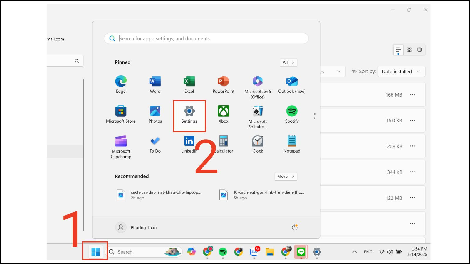 Mở Settings trên Windows 11 để bắt đầu cách đặt pass cho máy tính mới nhất