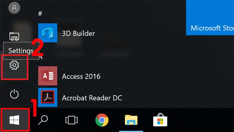 Mở ứng dụng Settings từ Start trên Windows 10 để thiết lập bảo mật