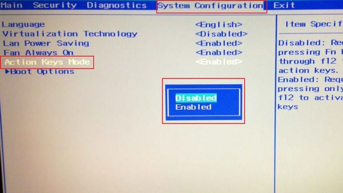 Mục Action Keys Mode trong BIOS HP cho phép chuyển chế độ phím Fn và dãy F1–F12