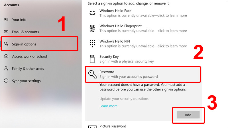 Mục Password trong Sign-in options của Windows 10 để thêm hoặc đổi mật khẩu đăng nhập