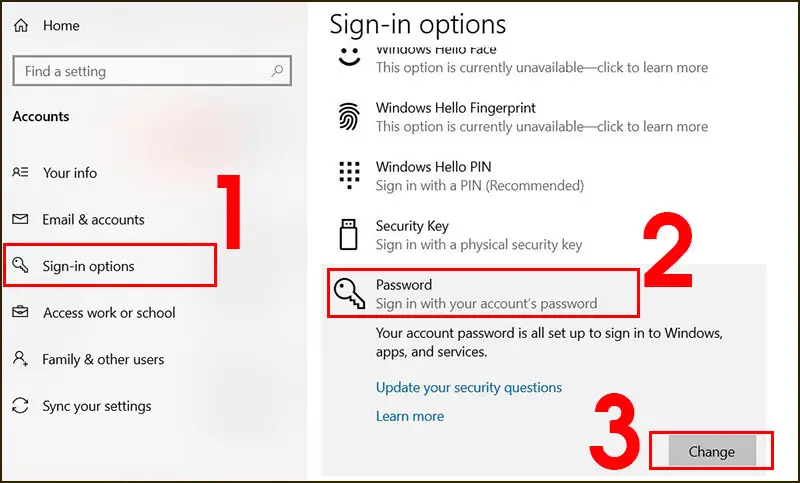 Mục Sign-in options trong Settings Windows 10 để cài khóa màn hình và mật khẩu