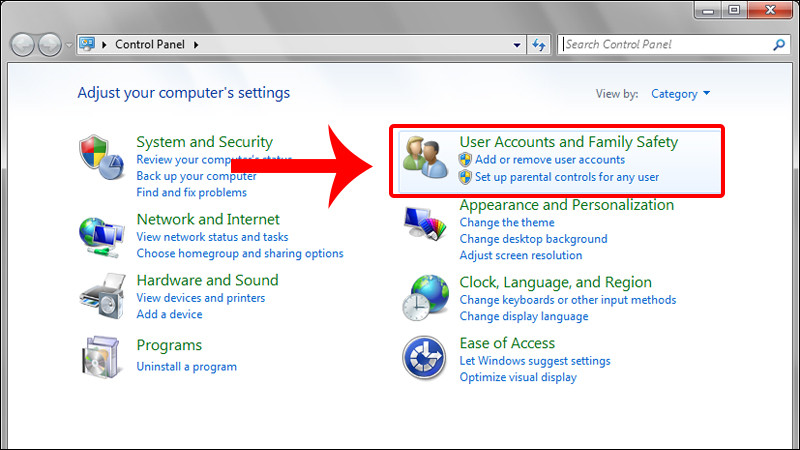 Mục User Accounts and Family Safety trong Windows 7 để đặt pass cho tài khoản