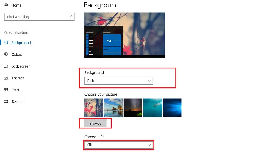 Nhấn Browse để duyệt ảnh cá nhân và cài đặt hình nền desktop Win 10 chất lượng cao