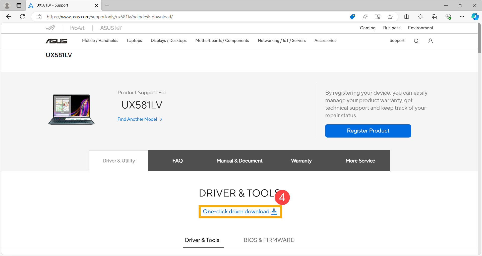 Nút Tải xuống trình điều khiển một lần nhấp trên trang hỗ trợ ASUS giúp cập nhật driver tự động và nhanh chóng