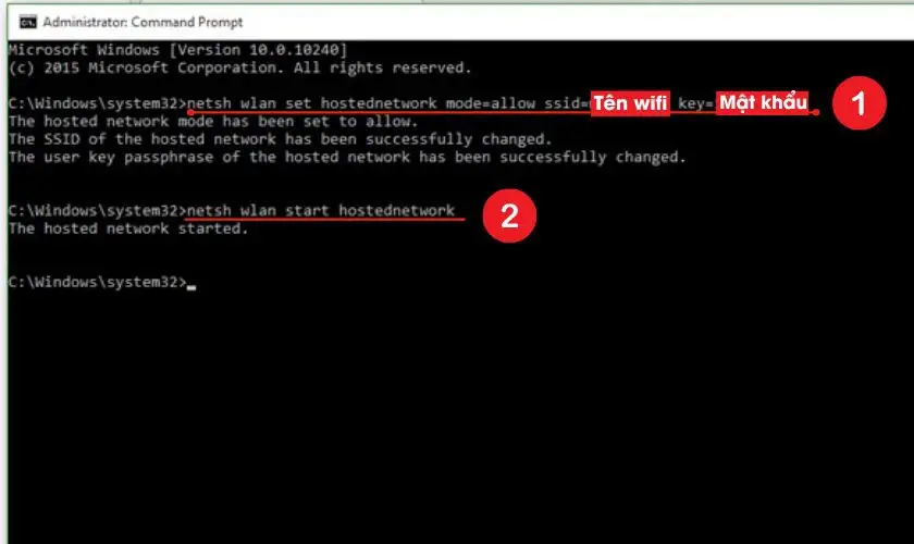 Sử dụng lệnh netsh wlan set hostednetwork và start hostednetwork để phát Wi‑Fi từ laptop Win 10