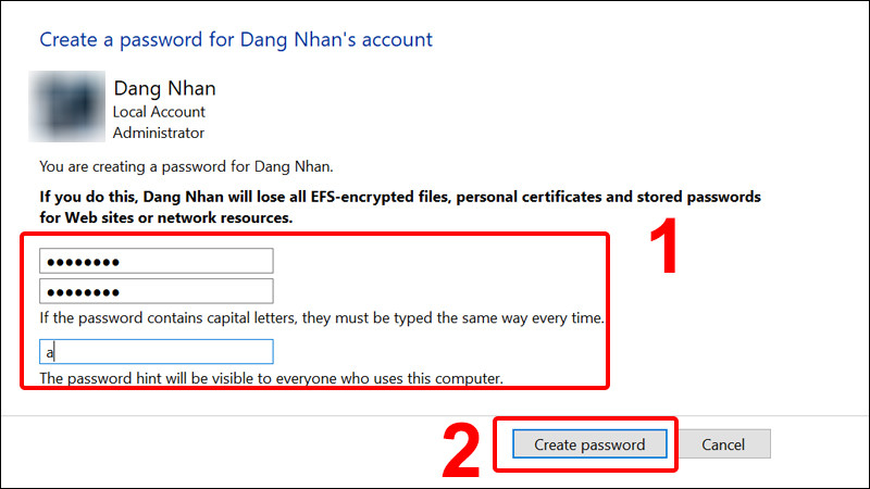 Tạo mật khẩu mới và thêm gợi ý trong Control Panel của Windows 10