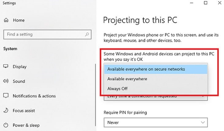 Thiết lập Available everywhere trong Projecting to this PC để cho phép chiếu không dây qua mạng an toàn