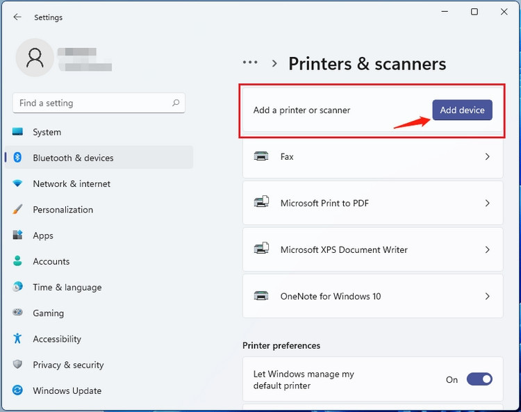 Truy cập Printers & scanners trên Windows 11 để kết nối máy in Canon qua USB