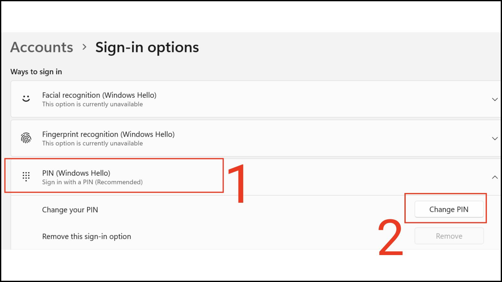 Truy cập tùy chọn PIN trong Windows Hello để đổi pass thành mã PIN an toàn trên Windows 11