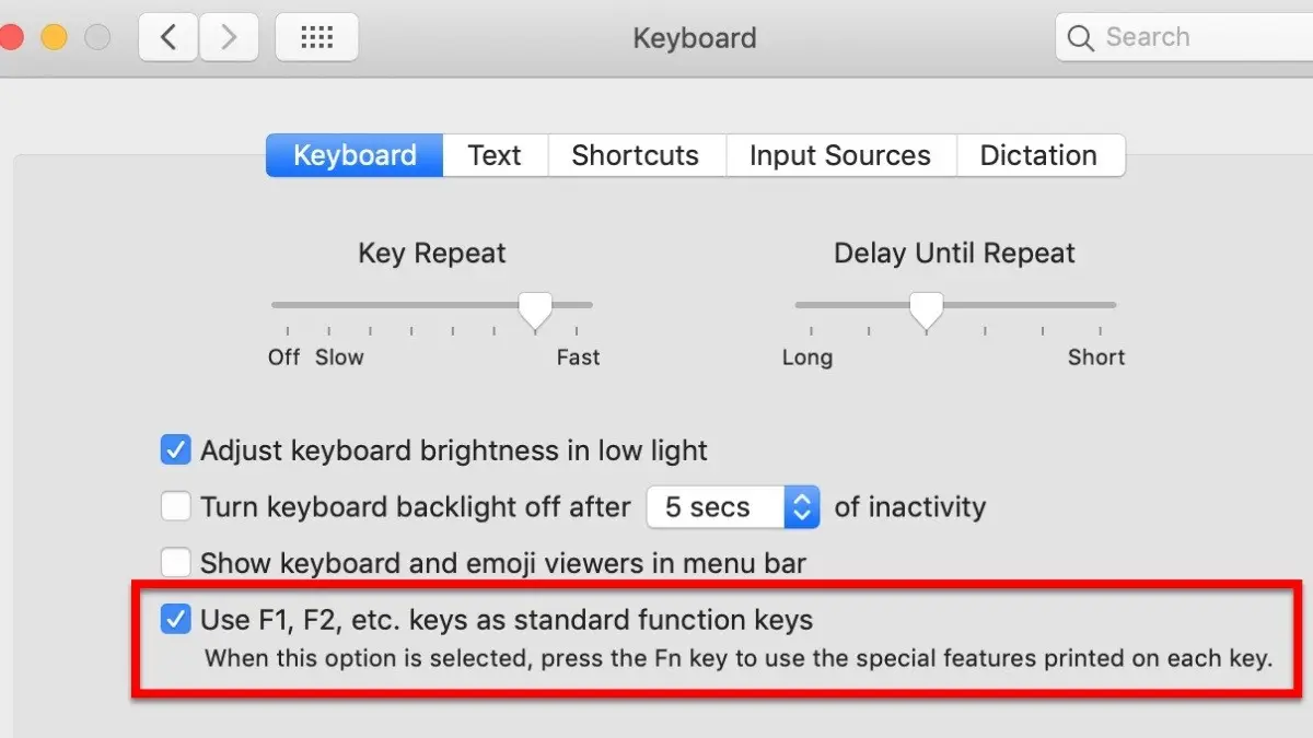 Tùy chọn Use F1, F2, etc. keys as standard function keys trong cài đặt bàn phím macOS