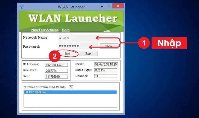 Ứng dụng Wlan Launcher cấu hình tên mạng và mật khẩu hotspot trên Windows 10