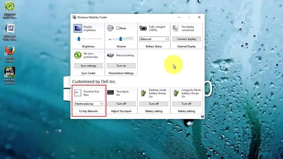 Windows Mobility Center trên Dell với mục Fn Key Behavior để ưu tiên phím F hoặc phím media
