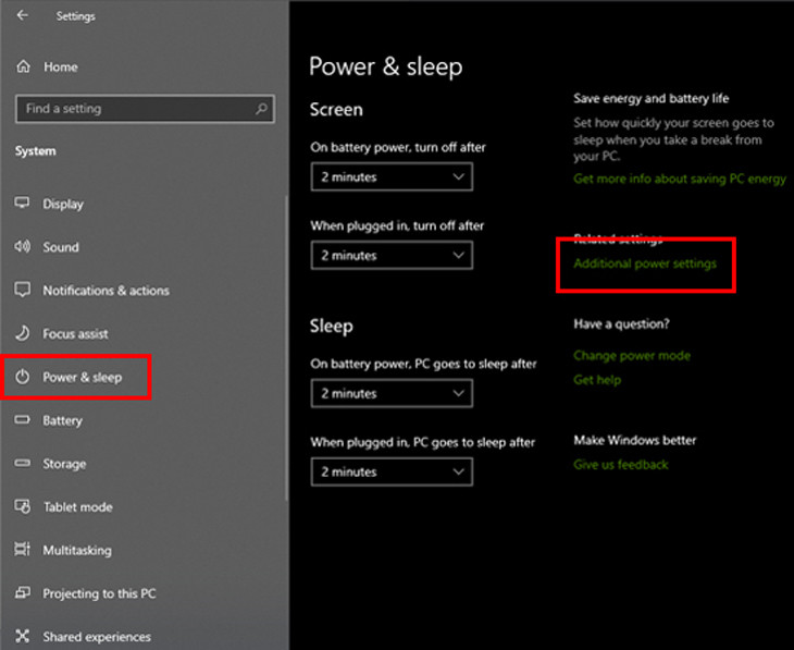 Mở mục Power & sleep rồi truy cập Additional power settings trong Cài đặt hệ thống Windows