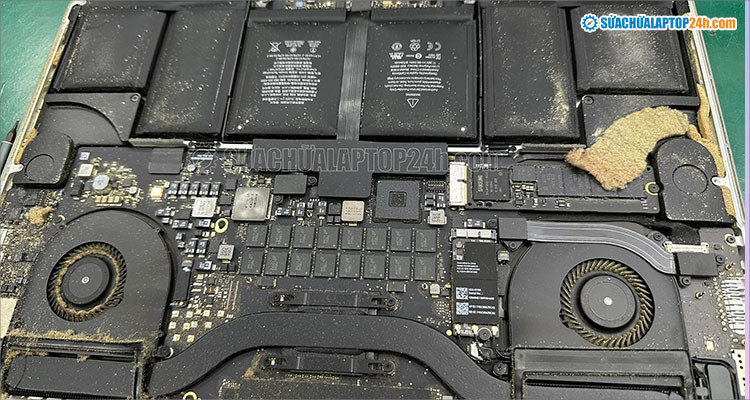 Bụi tích tụ dày trong laptop sau thời gian dài không bảo dưỡng