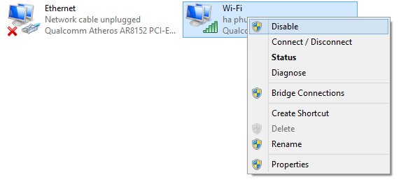 Bật lại card mạng bị Disable trong Network Connections để khôi phục Wi‑Fi
