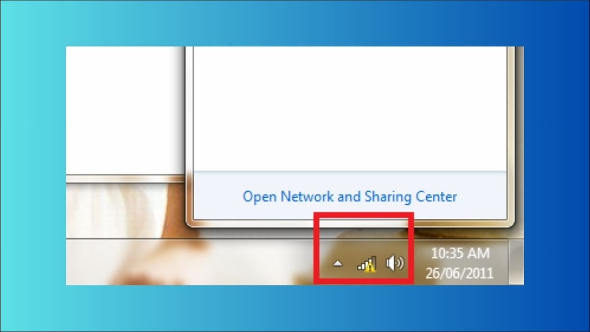 Biểu tượng Wi‑Fi có dấu chấm than vàng trên taskbar Windows khi không dò thấy mạng