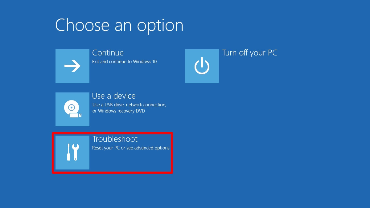 Vào Troubleshoot trong màn hình boot bằng Shift + Restart