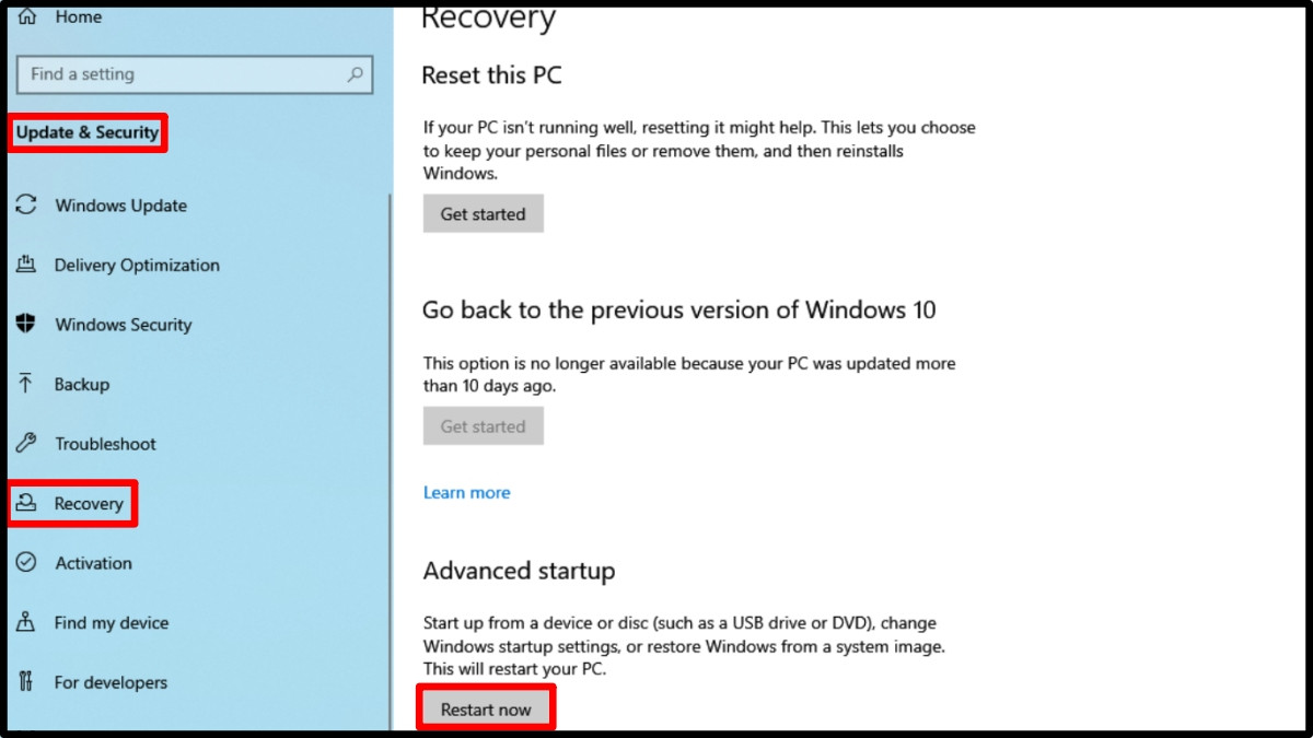 Chọn Restart Now trong Recovery để vào Advanced Startup