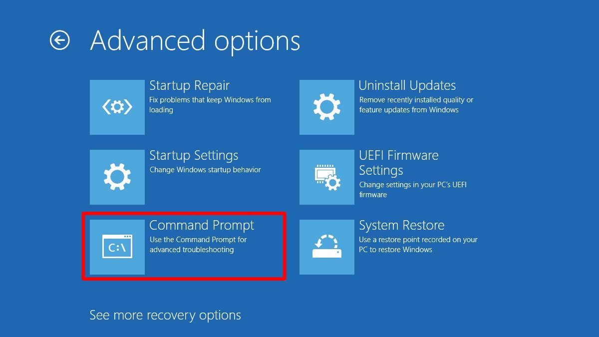 Mở Command Prompt trong Advanced Options