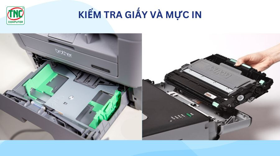 Người dùng kiểm tra khay giấy và mức mực trên máy in Brother trước khi in