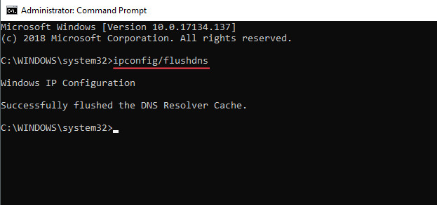 Nhập lệnh flushdns để xóa bộ nhớ đệm tên miền trên Windows 10