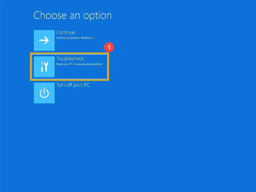 Màn hình lựa chọn Troubleshoot trong môi trường sửa chữa Windows