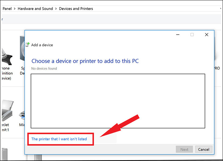 Giao diện Add Printer khi Windows chưa nhận được máy in qua mạng LAN