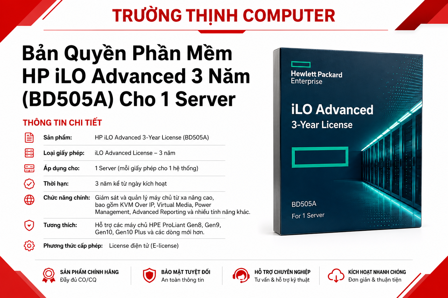 Bản Quyền Phần Mềm HP iLO Advanced 3 Năm (BD505A) Cho 1 Server
