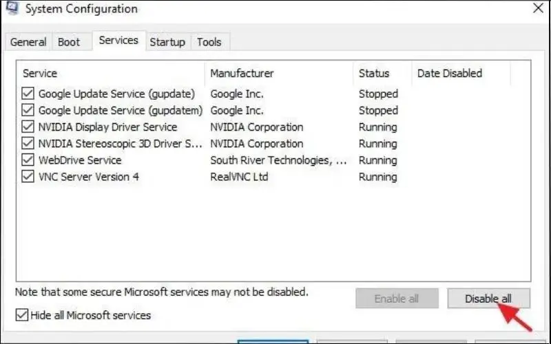 Chọn nút Disable All